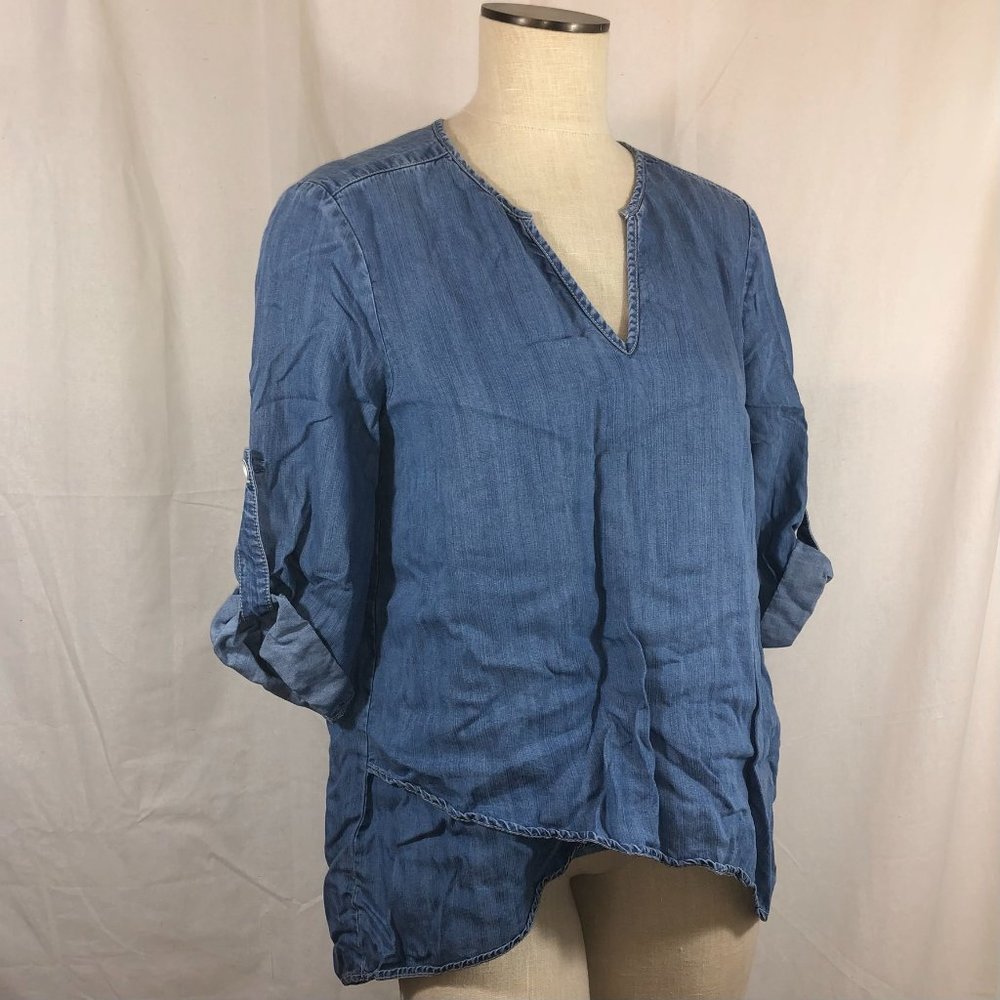 Trina Turk Size M Blue Tencel Tunic Top V-Neck 3/4 Sleeve Tulip Hem